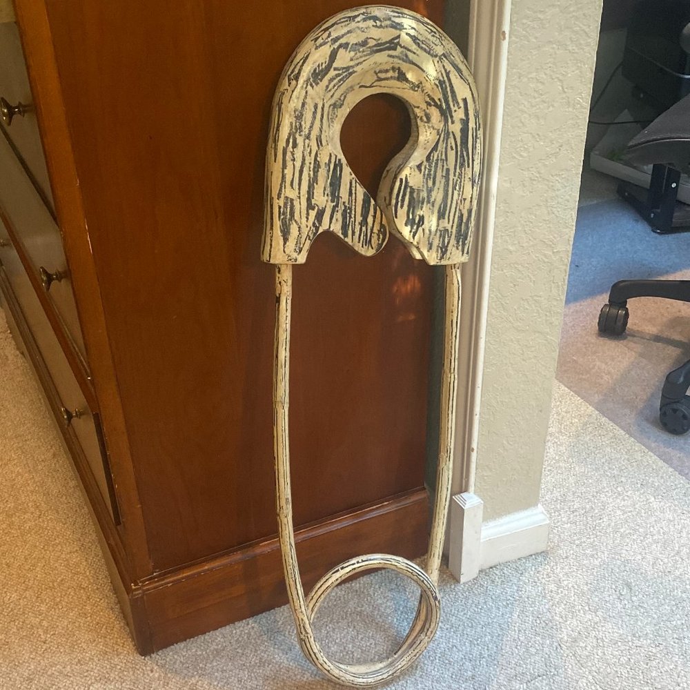 Decorative 32" x 10" stressed-look wooden wall decor nursery GIANT safety pin.
